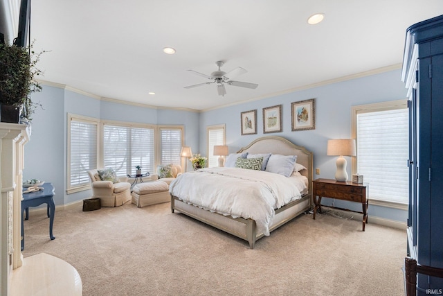 bedroom featuring baseboards, ornamental molding, carpet flooring, and recessed lighting