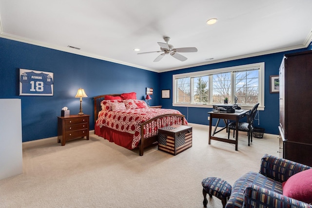 bedroom featuring recessed lighting, carpet flooring, a ceiling fan, baseboards, and crown molding