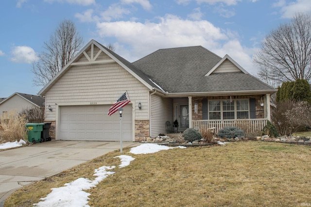 craftsman house with a garage, a shingled roof, concrete driveway, stone siding, and covered porch