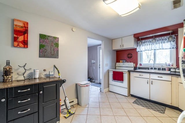 kitchen featuring white range with electric stovetop, visible vents, a sink, and white cabinetry