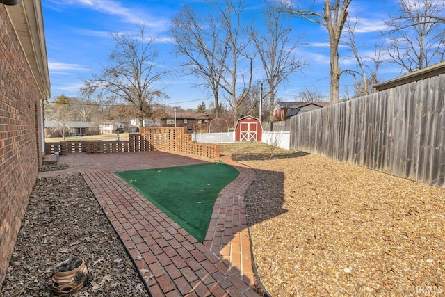 view of yard featuring a patio, a storage unit, an outdoor structure, and a fenced backyard