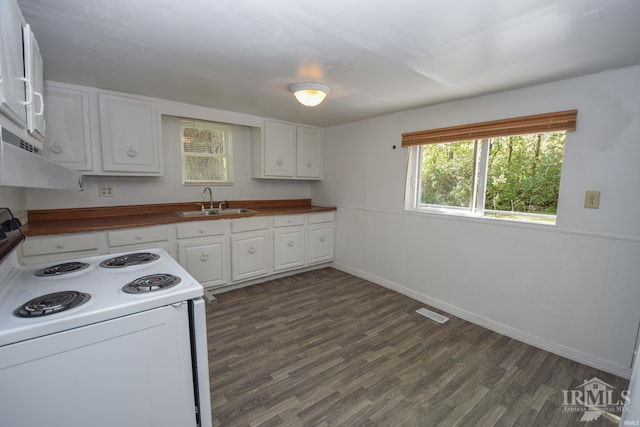 kitchen featuring white electric range, dark wood finished floors, a sink, and white cabinetry