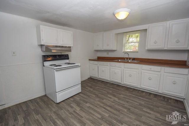 kitchen with under cabinet range hood, dark wood-type flooring, a sink, white cabinetry, and white electric range oven