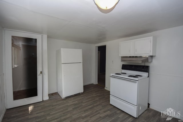 kitchen featuring dark wood-style floors, white appliances, white cabinetry, and under cabinet range hood