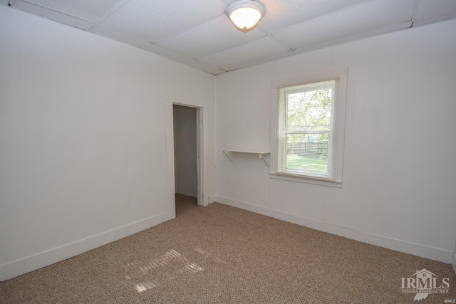 spare room with light colored carpet, a drop ceiling, and baseboards