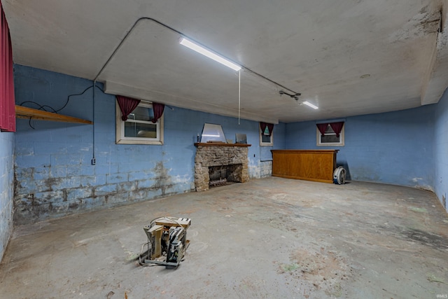 basement with a garage and concrete block wall