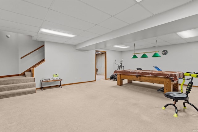 rec room featuring pool table, a drop ceiling, carpet, and baseboards