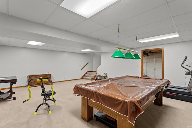 rec room featuring billiards, baseboards, a drop ceiling, and carpet flooring