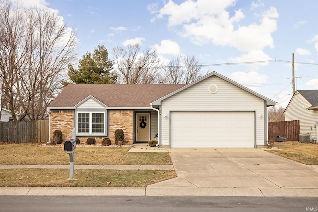 ranch-style house featuring brick siding, concrete driveway, central AC unit, fence, and a garage