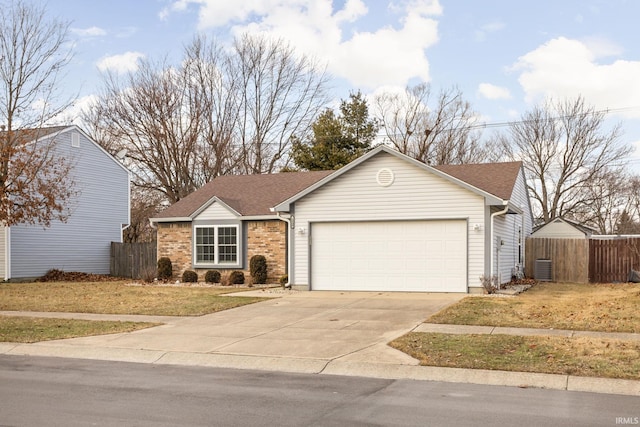 ranch-style house with brick siding, an attached garage, central AC, fence, and driveway