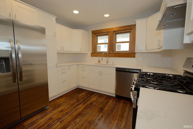 kitchen with appliances with stainless steel finishes, light countertops, a sink, and extractor fan