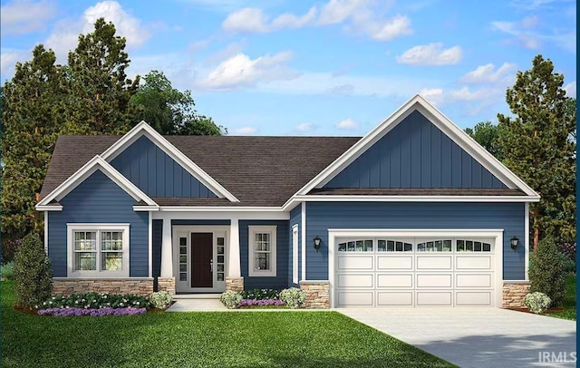 craftsman-style house with board and batten siding, a front yard, stone siding, and concrete driveway