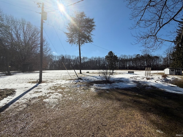 yard layered in snow with an outbuilding and a storage unit