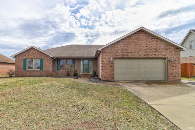 ranch-style home featuring a garage, brick siding, fence, concrete driveway, and a front yard