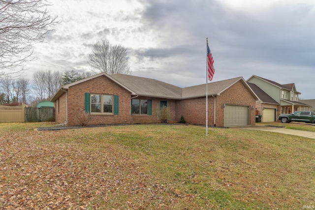 ranch-style home with a garage, driveway, brick siding, fence, and a front yard