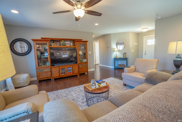 living room with recessed lighting, wood finished floors, a ceiling fan, and baseboards