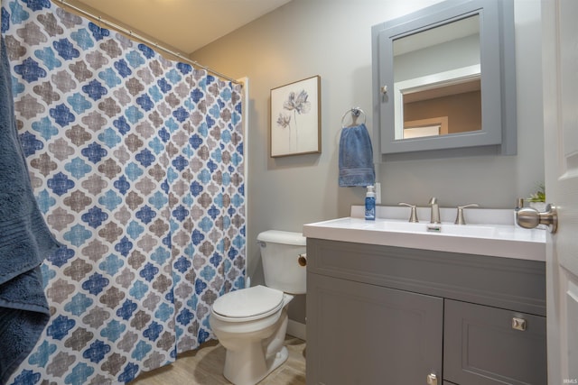 bathroom featuring toilet, curtained shower, and vanity