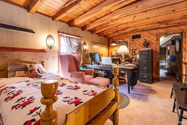 carpeted bedroom featuring wood ceiling and beam ceiling