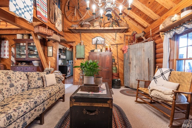 carpeted living area with log walls, wooden walls, high vaulted ceiling, wooden ceiling, and beamed ceiling