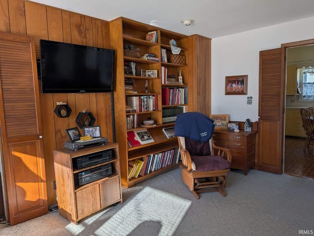 sitting room featuring light carpet