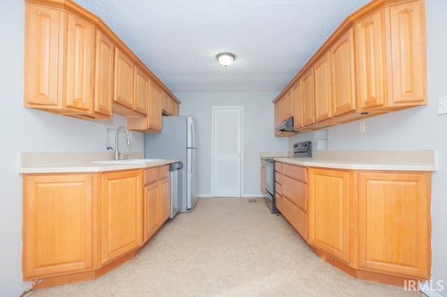 kitchen with range with electric cooktop, dishwasher, light countertops, under cabinet range hood, and a sink