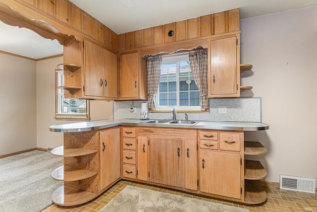 kitchen with baseboards, visible vents, open shelves, and a sink