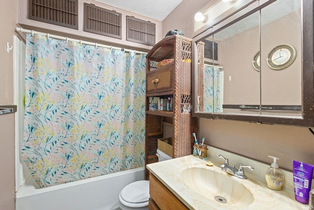 full bathroom with shower / bath combo, vanity, and toilet