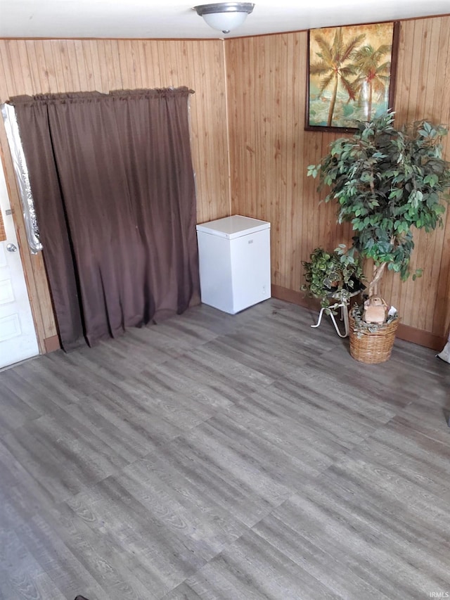 unfurnished room with wood walls and wood finished floors