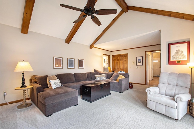 living room with light carpet, high vaulted ceiling, baseboards, and beamed ceiling