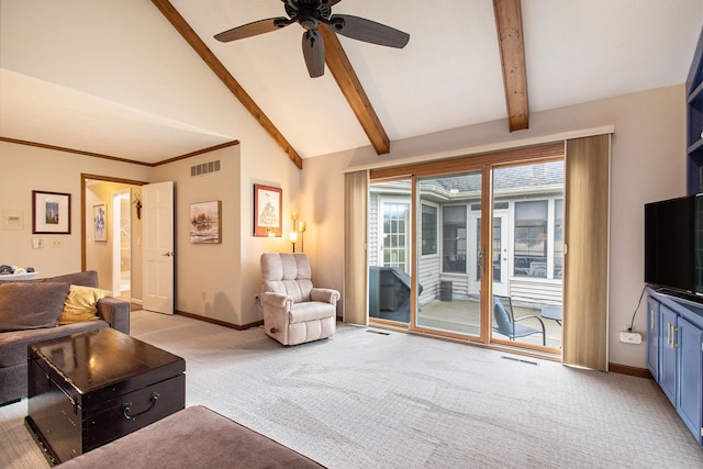 living area with ceiling fan, light colored carpet, visible vents, baseboards, and beam ceiling