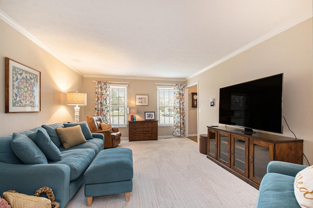 living room with ornamental molding, carpet, and baseboards