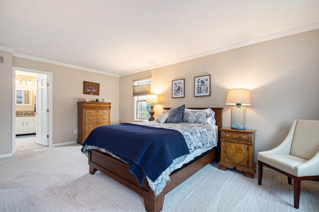 bedroom with baseboards, ornamental molding, connected bathroom, and light colored carpet