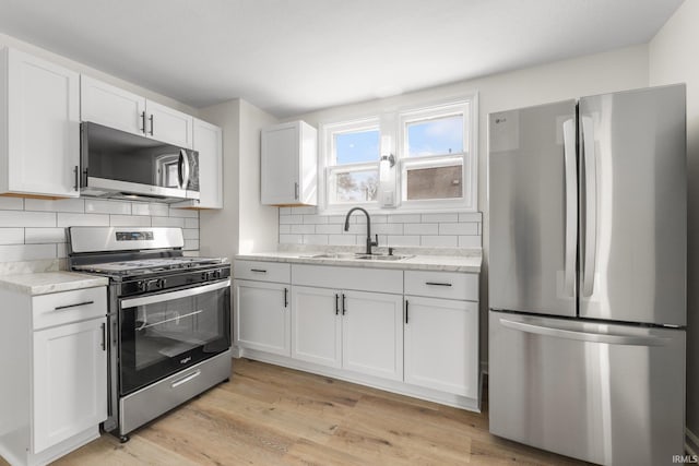 kitchen featuring white cabinets, a sink, stainless steel appliances, light wood-style floors, and backsplash