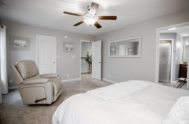 bedroom featuring light carpet, visible vents, baseboards, and a ceiling fan