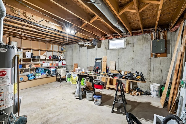 basement featuring gas water heater and electric panel