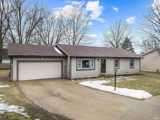 ranch-style house featuring a garage, concrete driveway, and roof with shingles