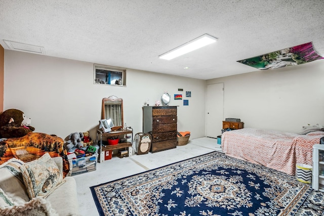 carpeted bedroom with a textured ceiling