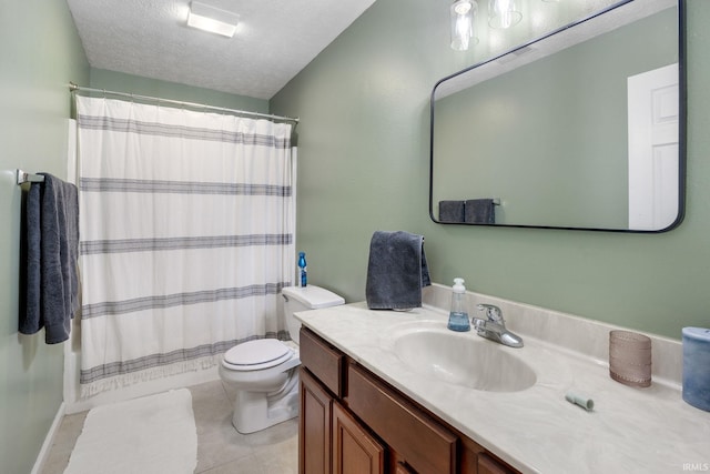 full bath featuring tile patterned floors, a textured ceiling, toilet, and vanity