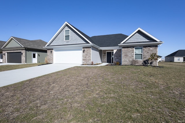 view of front of house with brick siding, driveway, and a front lawn