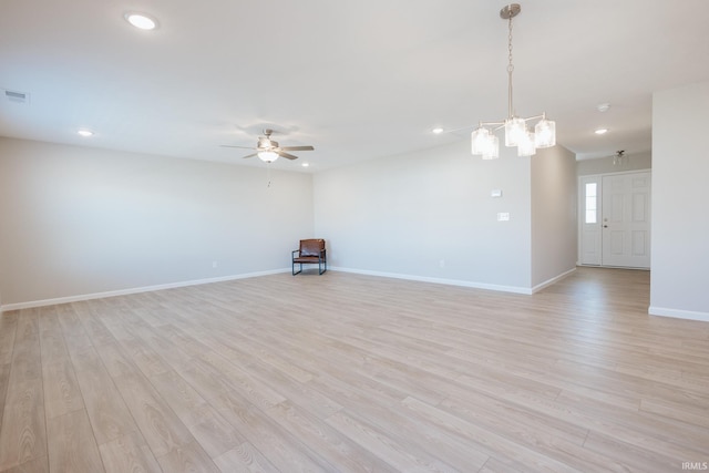 unfurnished living room featuring light wood finished floors, ceiling fan, baseboards, and recessed lighting