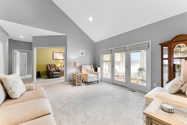 living room featuring carpet floors, high vaulted ceiling, visible vents, and recessed lighting