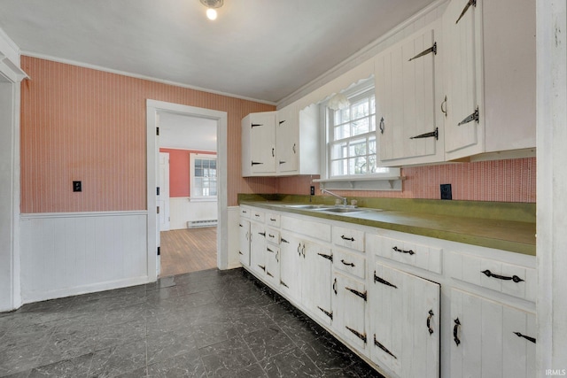 kitchen with white cabinets, a wainscoted wall, a baseboard radiator, ornamental molding, and a sink