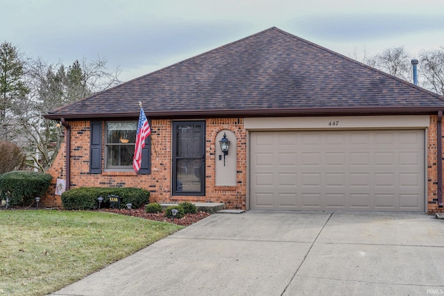 view of front of home with a garage, brick siding, driveway, roof with shingles, and a front lawn