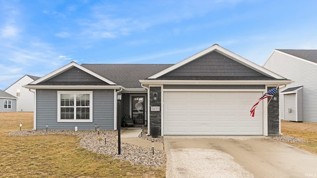 ranch-style home with a garage, a front lawn, and concrete driveway