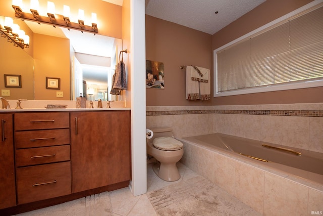 full bath featuring a textured ceiling, toilet, a bath, tile patterned floors, and double vanity