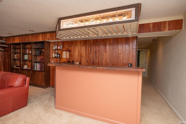 bar with light carpet, a dry bar, and a textured ceiling