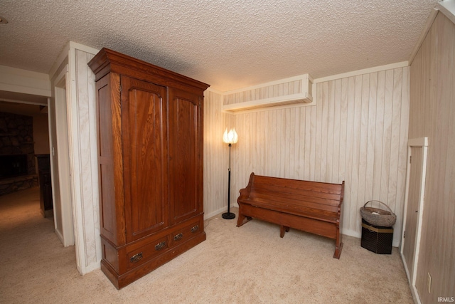 living area featuring light carpet and a textured ceiling