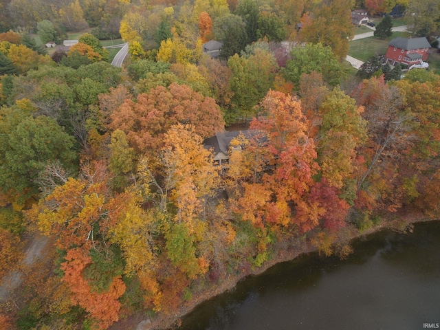 birds eye view of property featuring a water view and a view of trees