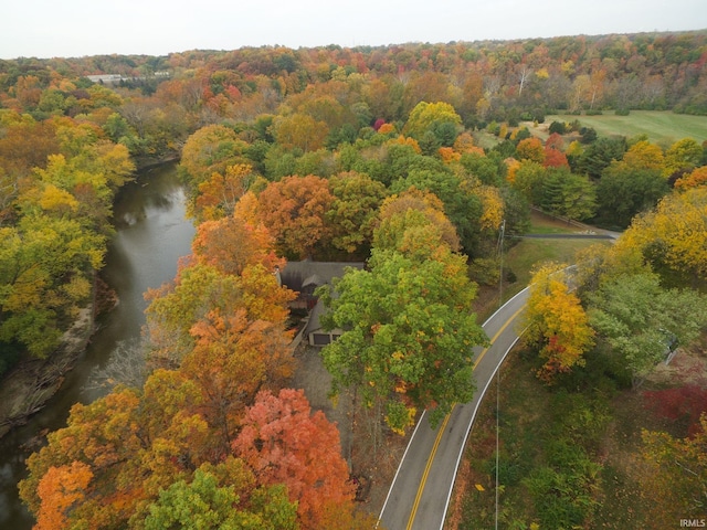 bird's eye view featuring a forest view and a water view