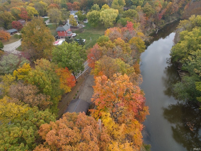 birds eye view of property with a water view and a view of trees